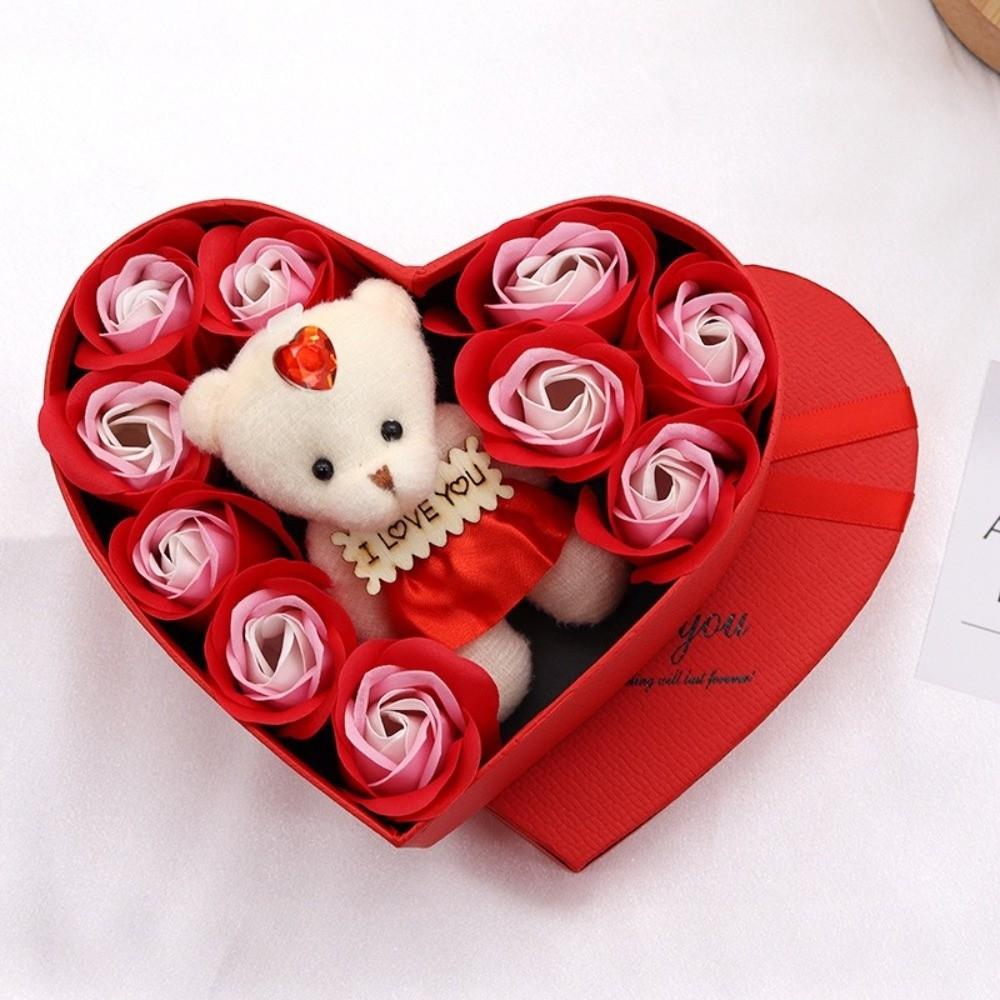 

Romantic Flower Bouquet Gift Box with Cute Bear Versatile 10 Artificial Flowers Elegant Valentines Day Gift