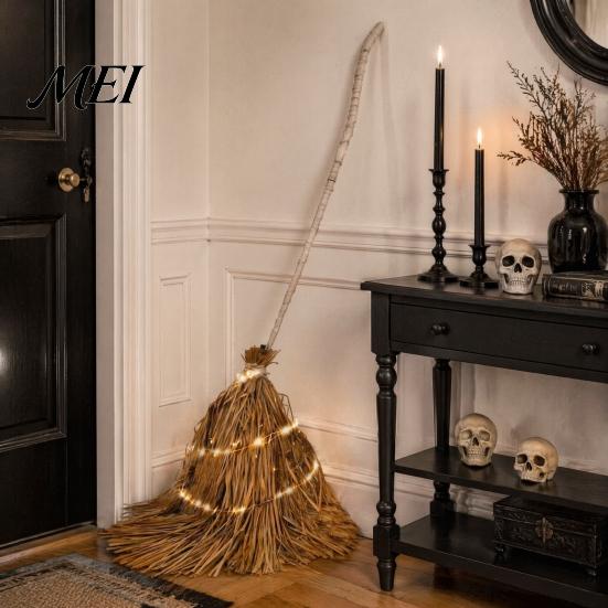Decorative Broom for Covered Entryway 5.5 Ft Giant Light-up Witch Broom, Vintage Twig with String Light, Creepy Costume Accessory Rustic Farmhouse