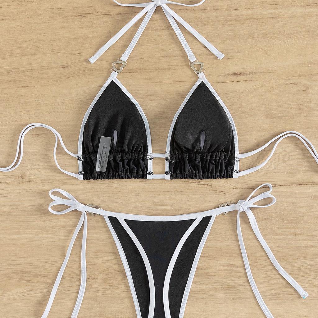 Color Block Tie Thong Sexy Two Piece Bikini Set Elegant Comfortable Swimwear
