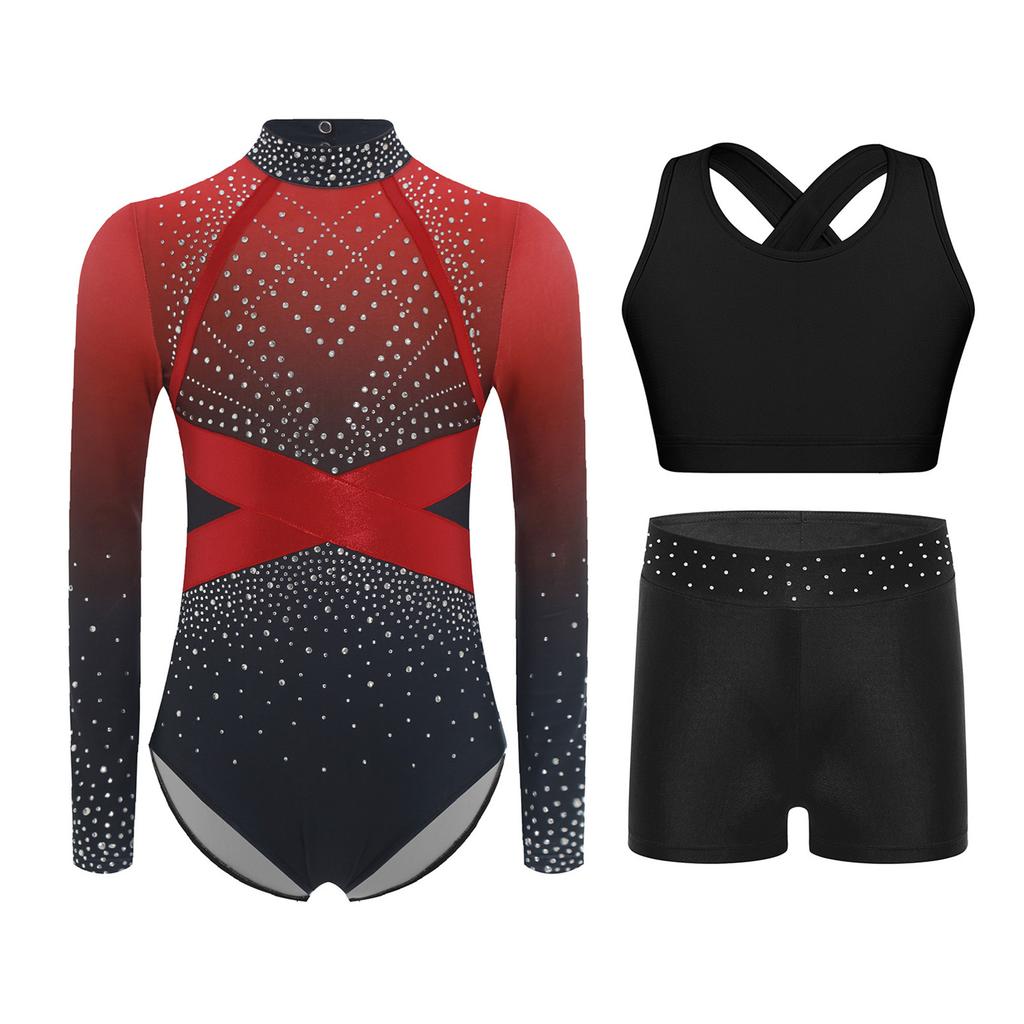 Girls Sparkly Rhinestones Color Block Leotard Long Sleeve Keyhole Back Design Cross Back Vest Shorts Skating Outfit