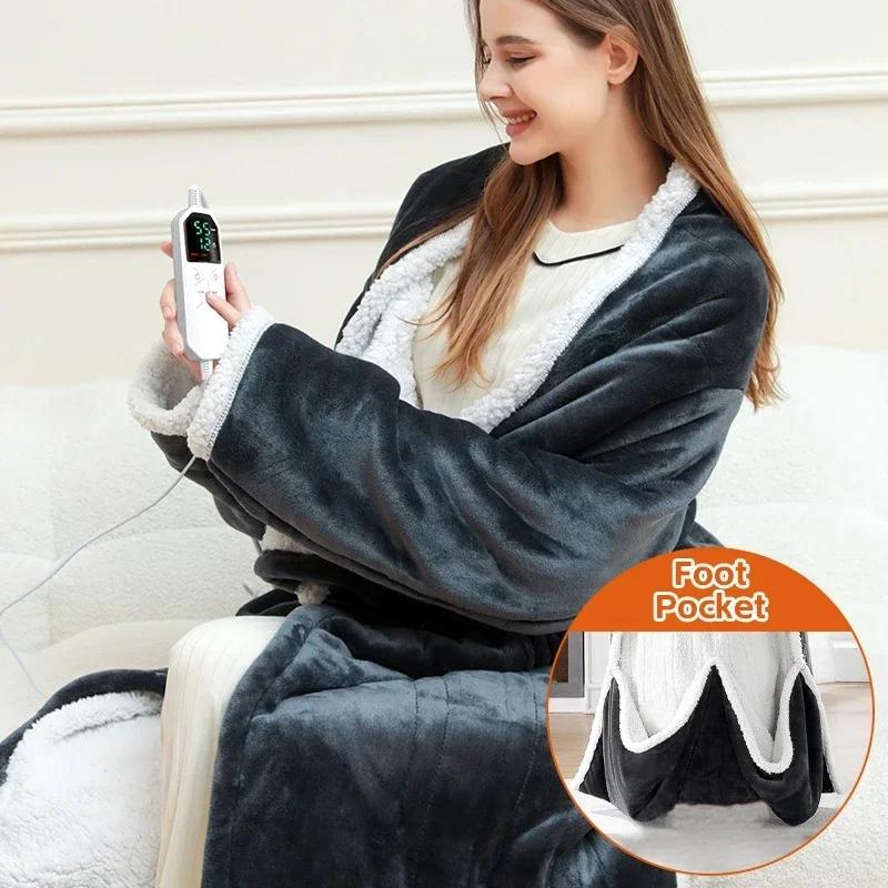Heated Blanket Wearable Throw Electric Blanket with Foot Pocket 8 Heat Settings & 1-12 Hours Time Settings Auto-Off Washable
