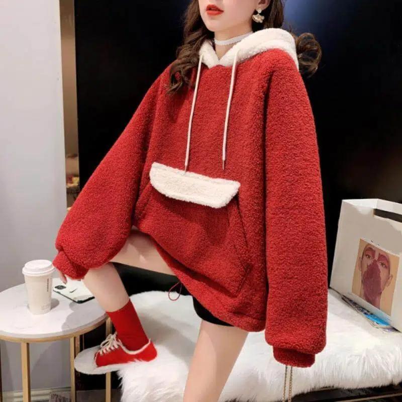 Autumn Winter Loose Casual Patchwork Lamb Fleece Hooded Pullover Top Women All-match Pocket Warm Coat M красный