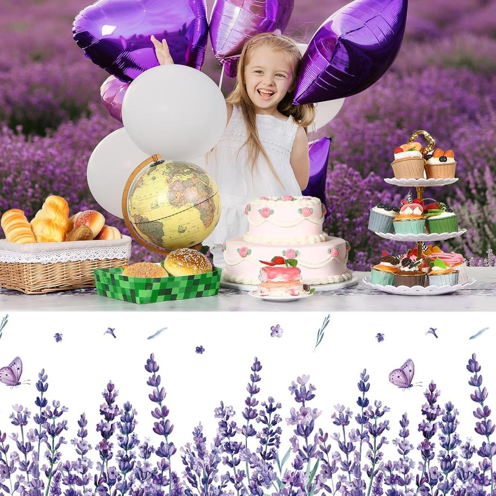 Peryiter 3 Pcs Spring Summer Floral Tablecloths Plastic Lavender Table Covers 54 x 108 Inch Watercolor Purple Floral Tablecloth for Spring Easter