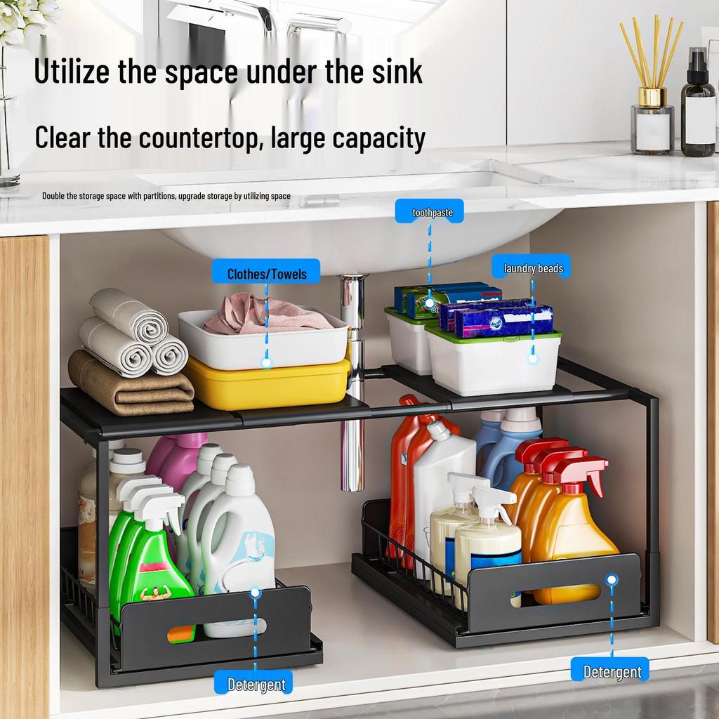 Under-Sink Organizer: Tiered Pull-Out Basket for Kitchen & Bathroom Storage.
