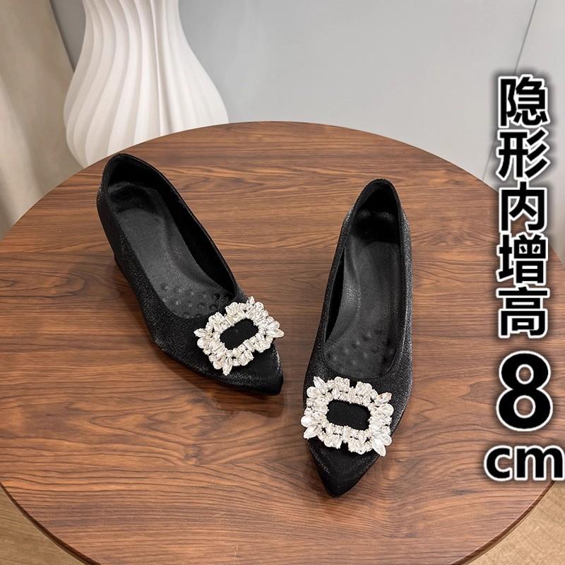 French rhinestone soft leather inner height increase 8cm single shoes women's 2025 new temperament pointed versatile shallow mouth high heels