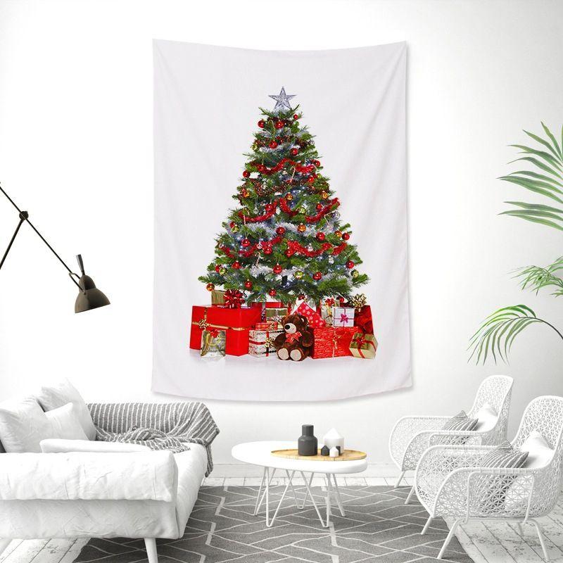White Realistic Christmas Tree Wall Tapestry Gold Red Ornament Ball Tinsel Gift Box Bow Minimalist Holiday Aesthetic Home