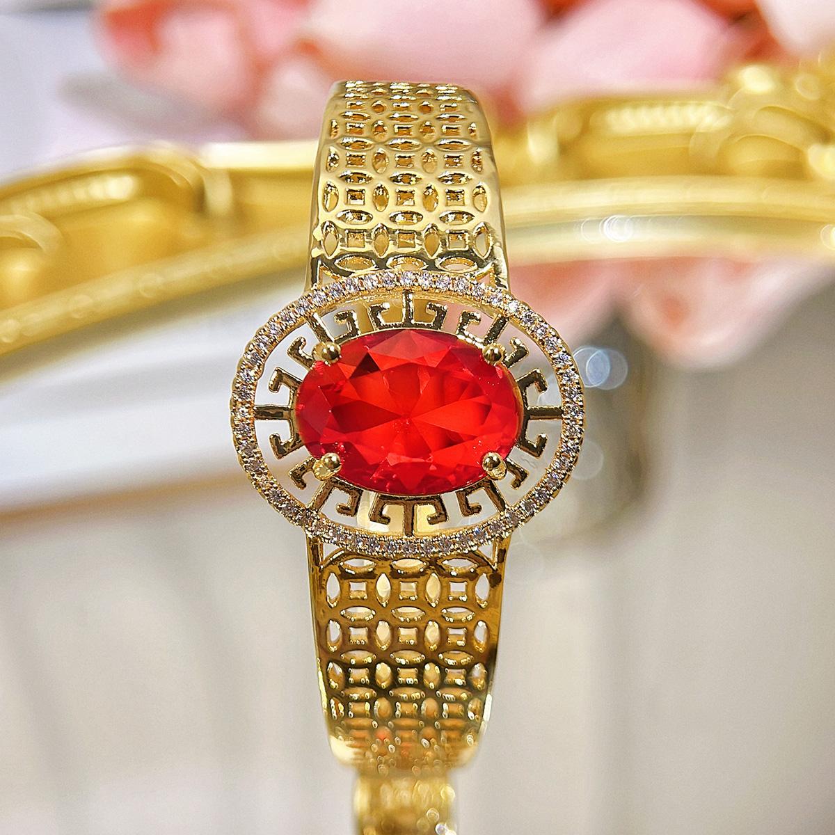 

WWJ Аристократический европейский стиль Золотой полый полупрозрачный красный зеленый циркониевый браслет ретро этнические женские украшения ювелирные изделия рубиновый