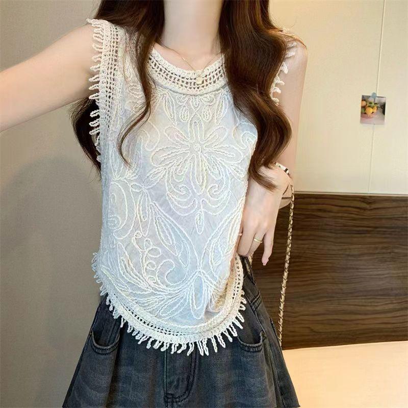 Niche Hollow-out Crocheted Knitted Camisole Women's Summer Tassel Short Sleeveless Tank Designed Top