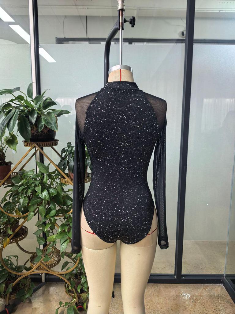 2025 European & American Shiny Patchwork Mesh Bodysuit T-shirt