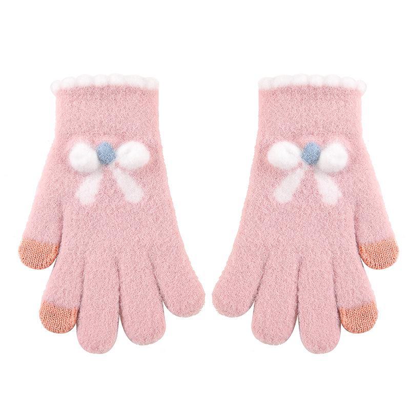 Damehansker i ull med sløyfe og berøringsskjerm - Varme, strikkede, søte, femfingrede, ideelle for sykling om høsten/vinteren og studenter.