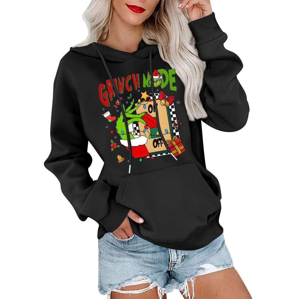 Women's Casual Comfortable Neck Hooded Long Sleeve Christmas Print Warm Sweatshirt