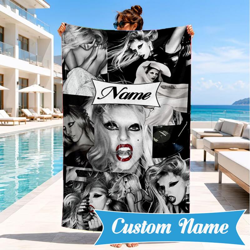 Custom Name Beach Towel Bold Fashion Lady-Gaga Microfiber Beach Towel, Lightweight for Summer Travel, Swimming Pool Fan Birthday Gift
