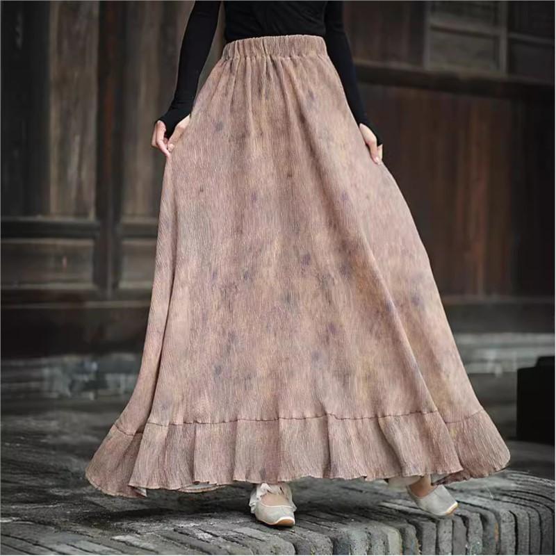 Johnature Femei Fuste Florale cu Imprimeu Vintage Haine Toamnă Patchwork Fuste Femei cu Talie Elastică