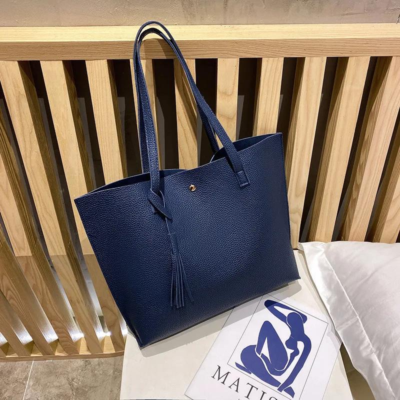 New Trend Women Single Shoulder Bag Casual Large Capacity Pu Lychee Pattern Tassel Outdoor Simple Tote Bag