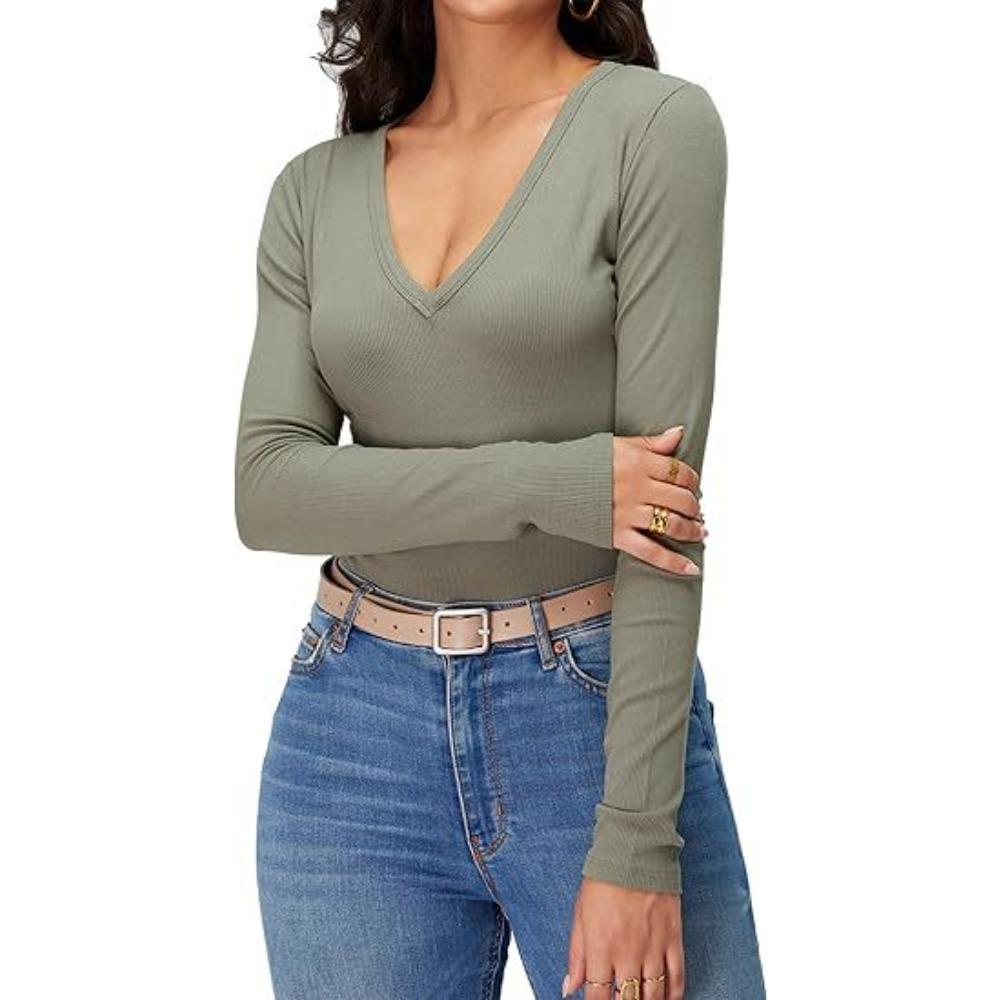 Women Ribbed Slim Long Sleeve Top, Sexy V Neck Long Length Casual T-shirt