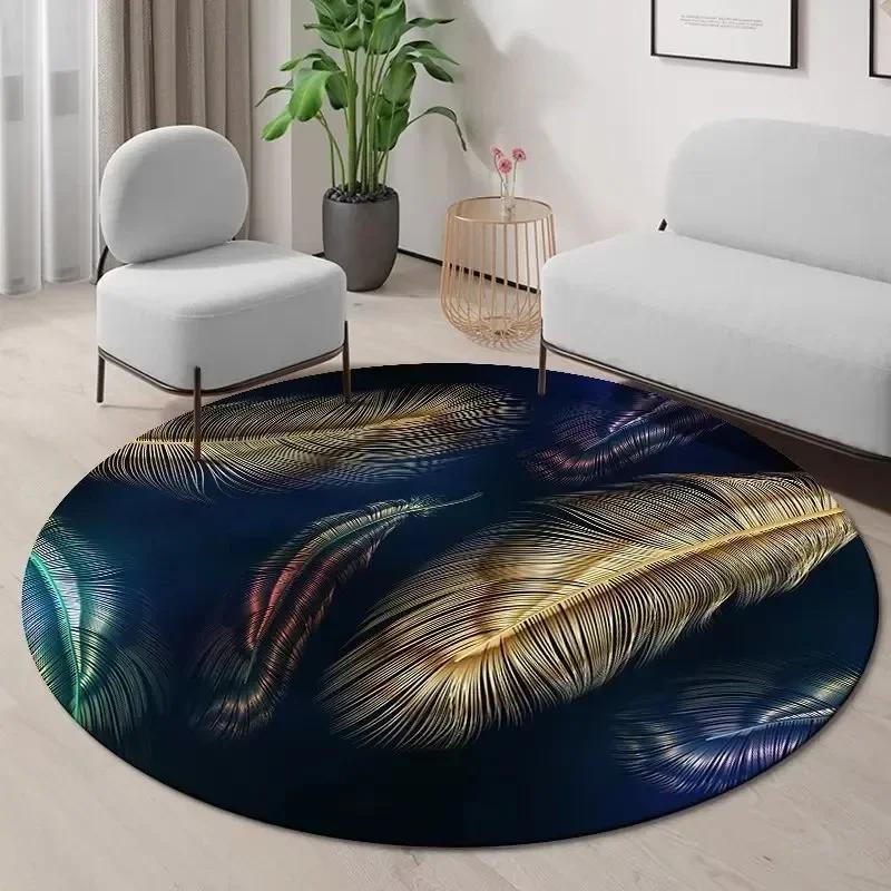 Goldenes Ginkgoblatt Runder Teppich Abstrakt Geometrischer Bereichsteppich für Wohnzimmer Schlafzimmer Küche Dekorativ Rutschfest Innenbodenmatte
