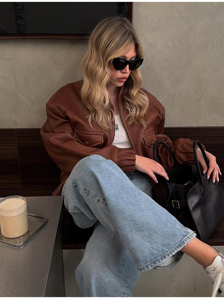 Women's 2025 Autumn Leather Jacket: Round Neck, Zipper, Multi-Pocket, Casual Street Style