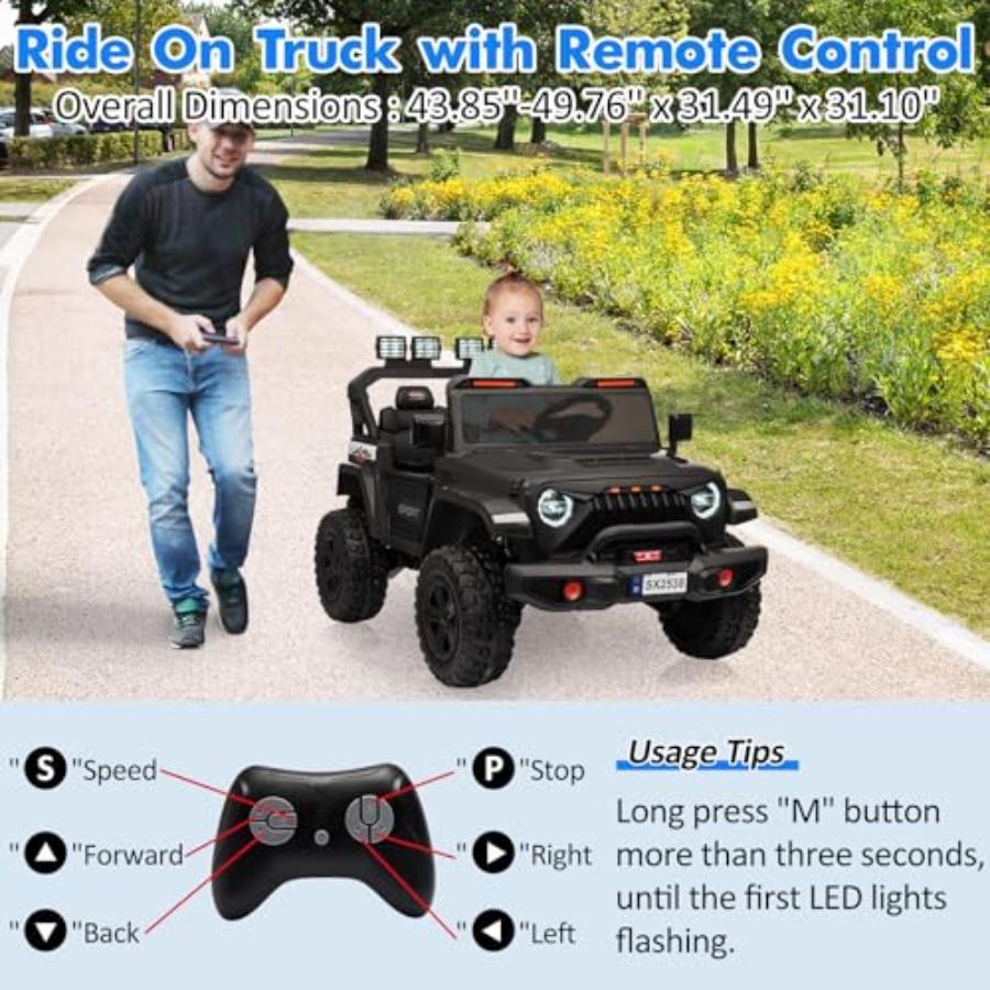 24V Ride On Car, 2 Seaters Riding Electric Truck with Remote Control, Adjustable Legroom for Toddlers Grows, 4 Motors 3 Speeds,