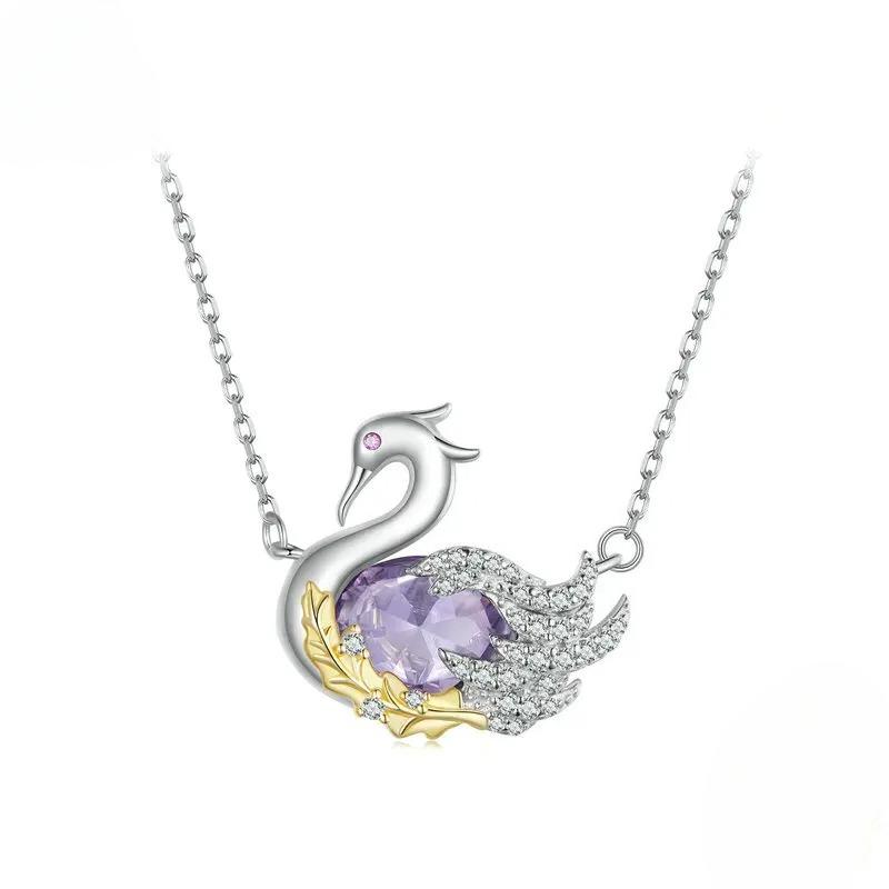 

Sterling Silver Swan Pendant Necklace Purple Zircon Adjustable Chain Plated Platinum for Woman Party Fine Jewelry серебряный