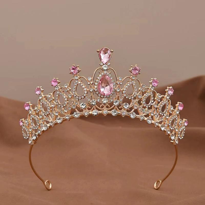 Luxury Hollowed-Out Golden Powder Crystal Crown for Women's Wedding Dresses and Accessories, with European Court Style