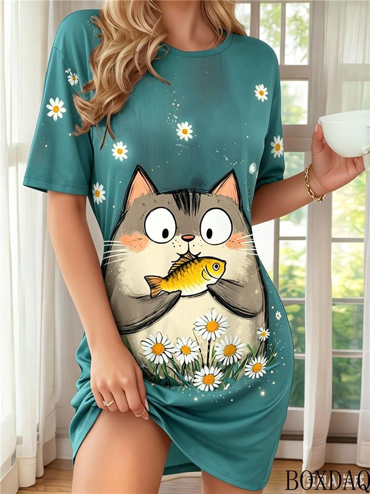 2026 Short Sleeved Round Neck Women's Dress With Cute Cat Pattern Print Loose Casual Fashionable Home Dresses