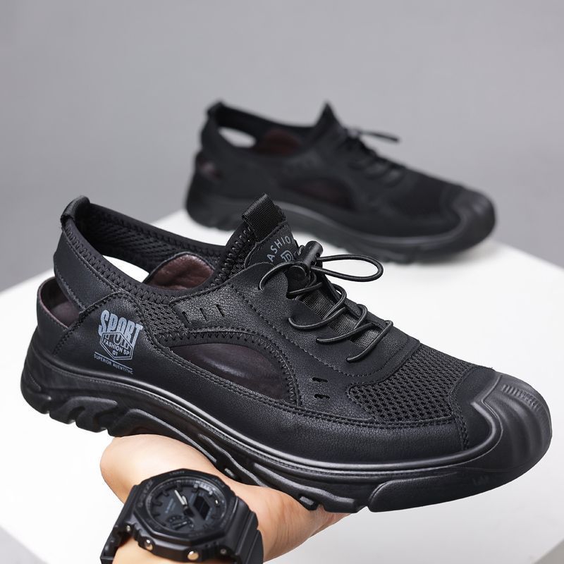 Trendy Breathable Leather Sandals Genuine Leather Men'S Soft Leather Light Bottom Hollow Casual Shoes Mesh Hole Shoes