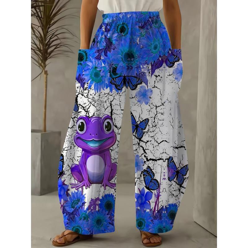 Women's Plus Size Sunflower and Frog Print Wide Leg Pants