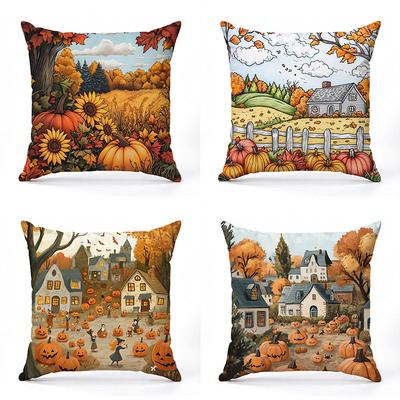 Autumn Pumpkin-themed Cushions for Home Decor Square Polyester Pillowcase, Modern Sofa Decorative Cushion Cover