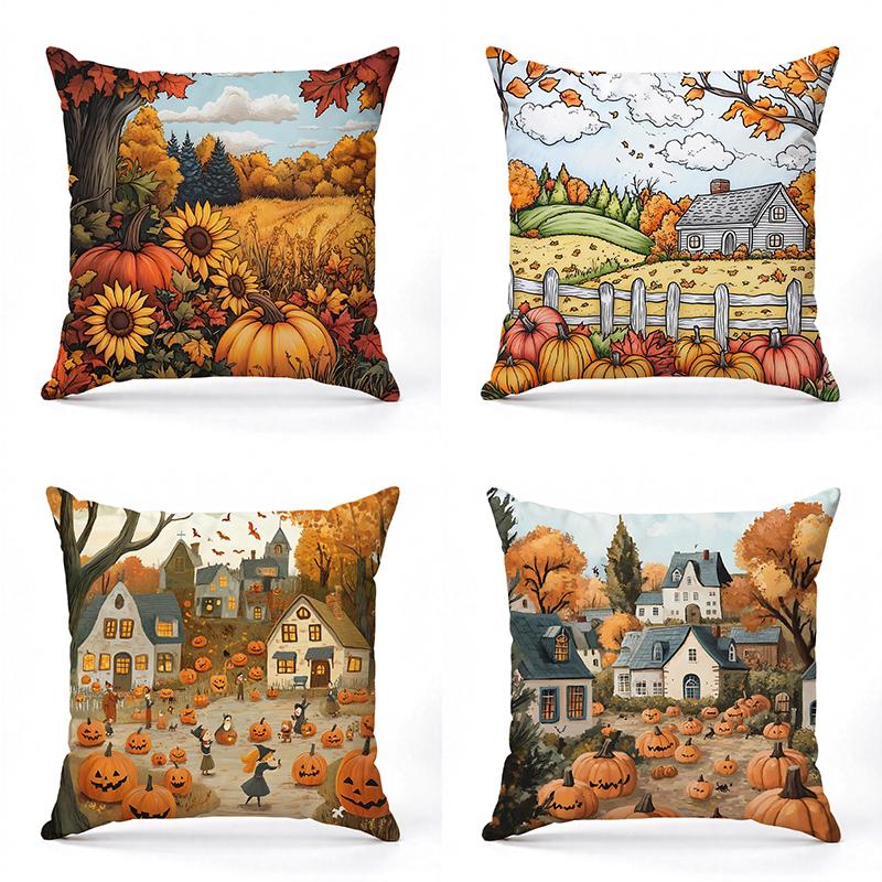 Autumn Pumpkin-themed Cushions for Home Decor Square Polyester Pillowcase, Modern Sofa Decorative Cushion Cover