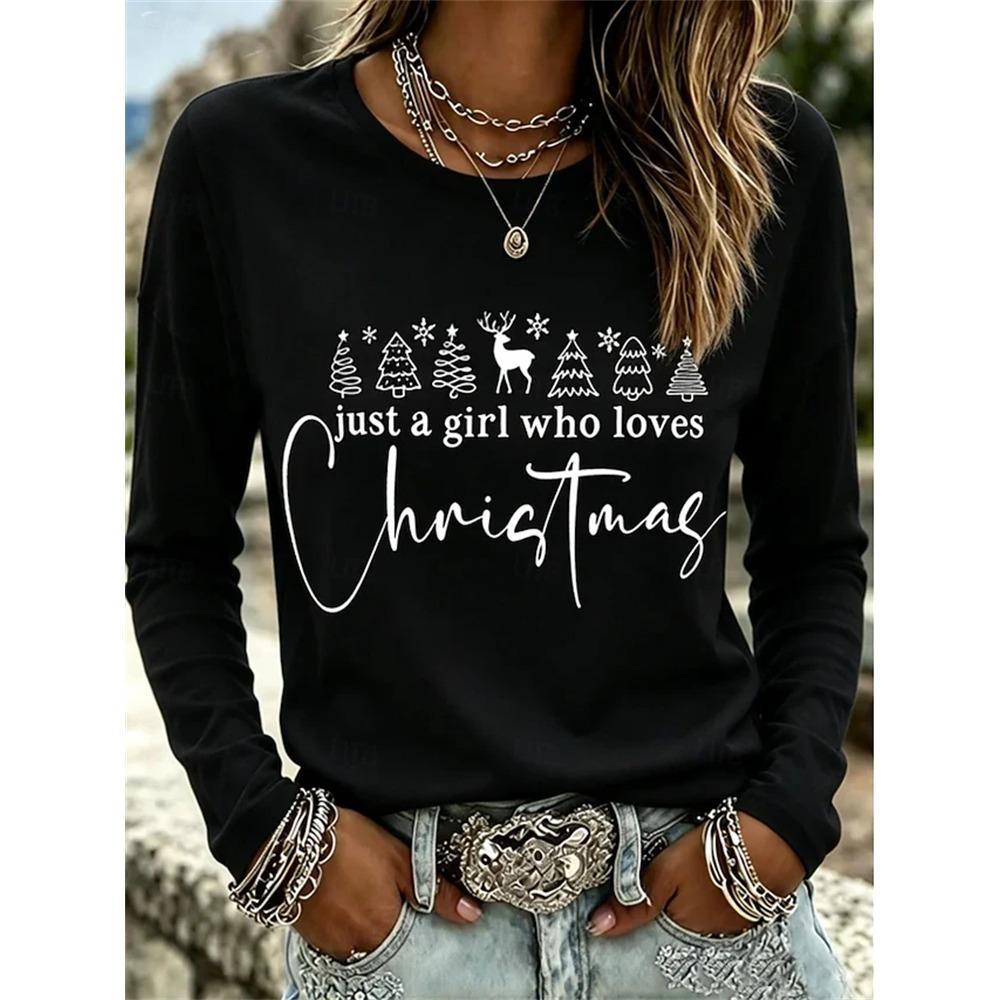 Women’s Autumn Long-Sleeve Christmas T-Shirt Crew-Neck Pullover with Holiday Letter Print Loose Fit Casual Street-Style Top