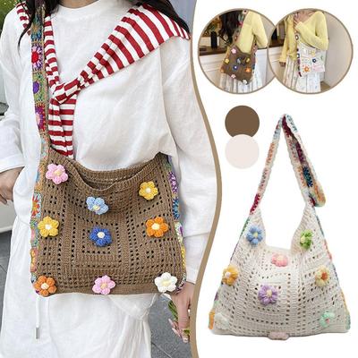 Casual Knitted Shoulder Bag Large Capacity Crochet Tote Bag Lovely Woven Shoulder Bag  Multicolor Cut-out Knitted Handbag