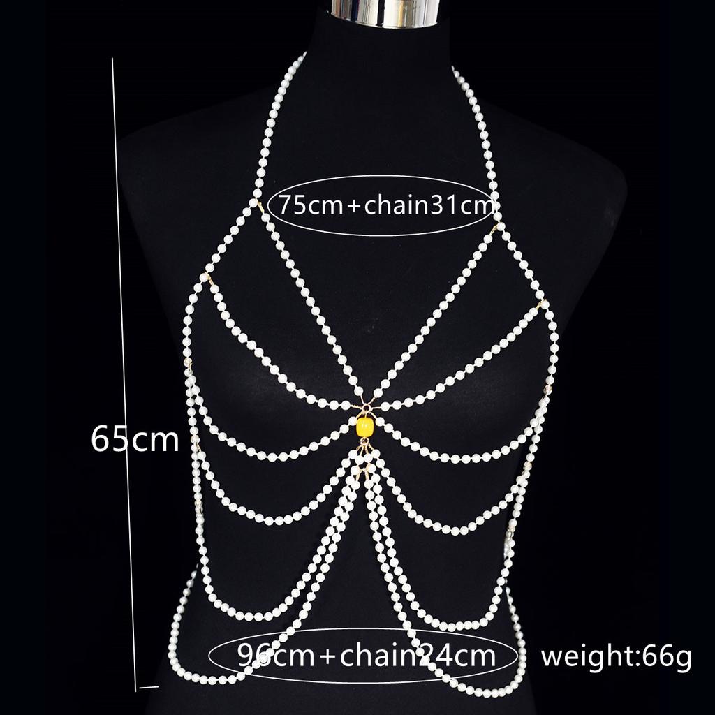 Fashionable Multi-layer Imitation Pearl Body Chain for Stage Performance, Trendy and Versatile Simple Chest Chain, Music Festival Banquet Costume