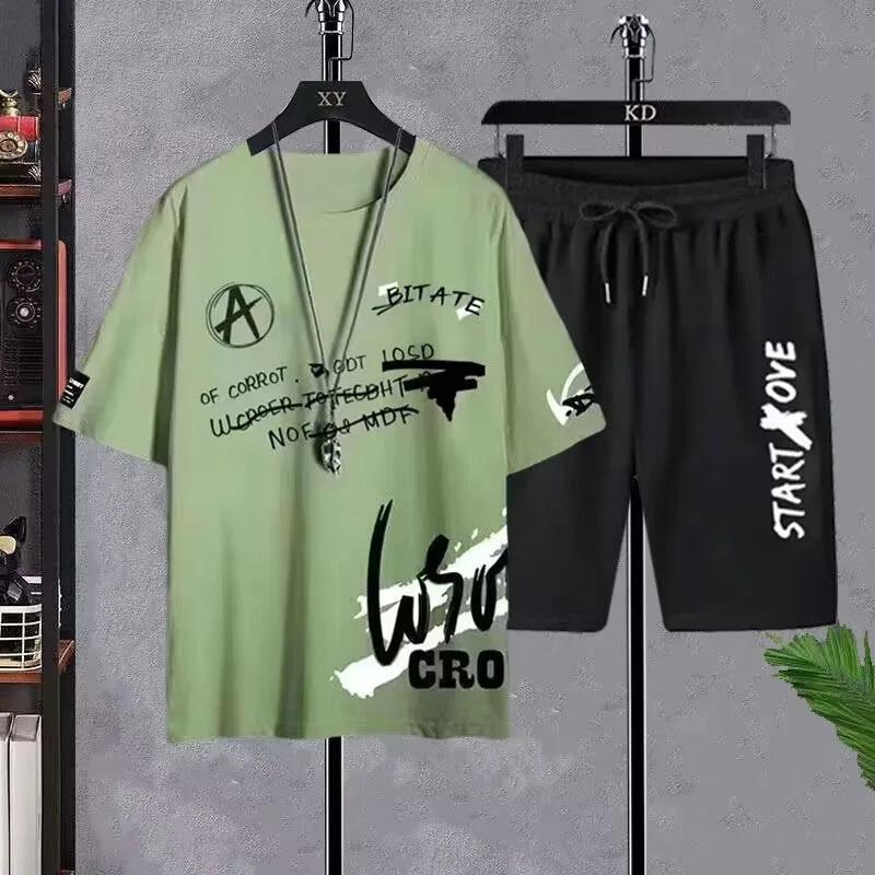 Men's New Summer Suit Casual Splicing Round Neck Half Sleeve Sports Plus Size Men's Clothing
