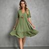 European and American Summer Women's Clothing Loose Casual Short-sleeved V-neck Waist Elegant Solid Color Dress