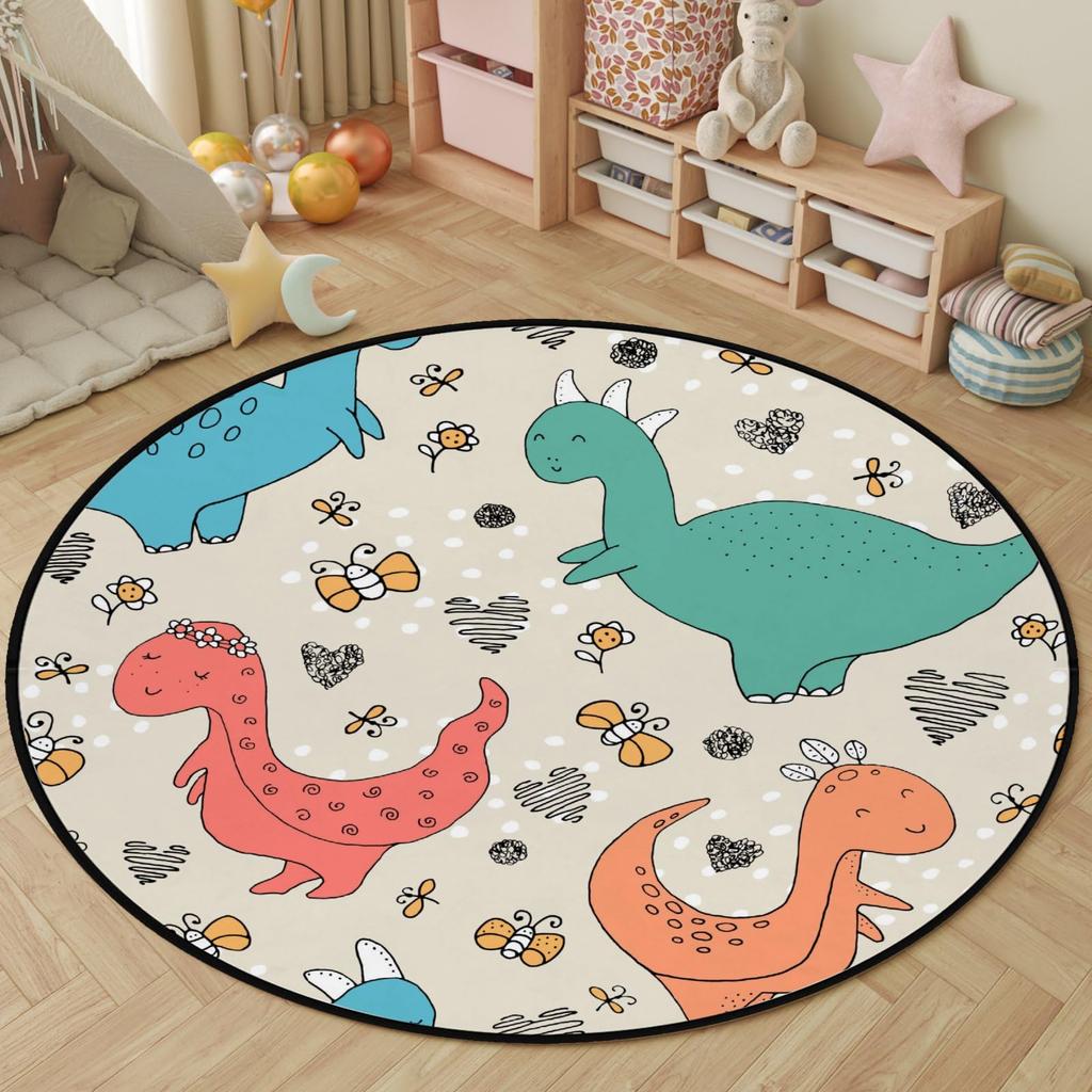 Cartoon Dinosaur Round Carpet Cute Dino Circle Rug for Living Room Playroom Office Laundry Decor Non-slip Comfort Play Yoga Mat