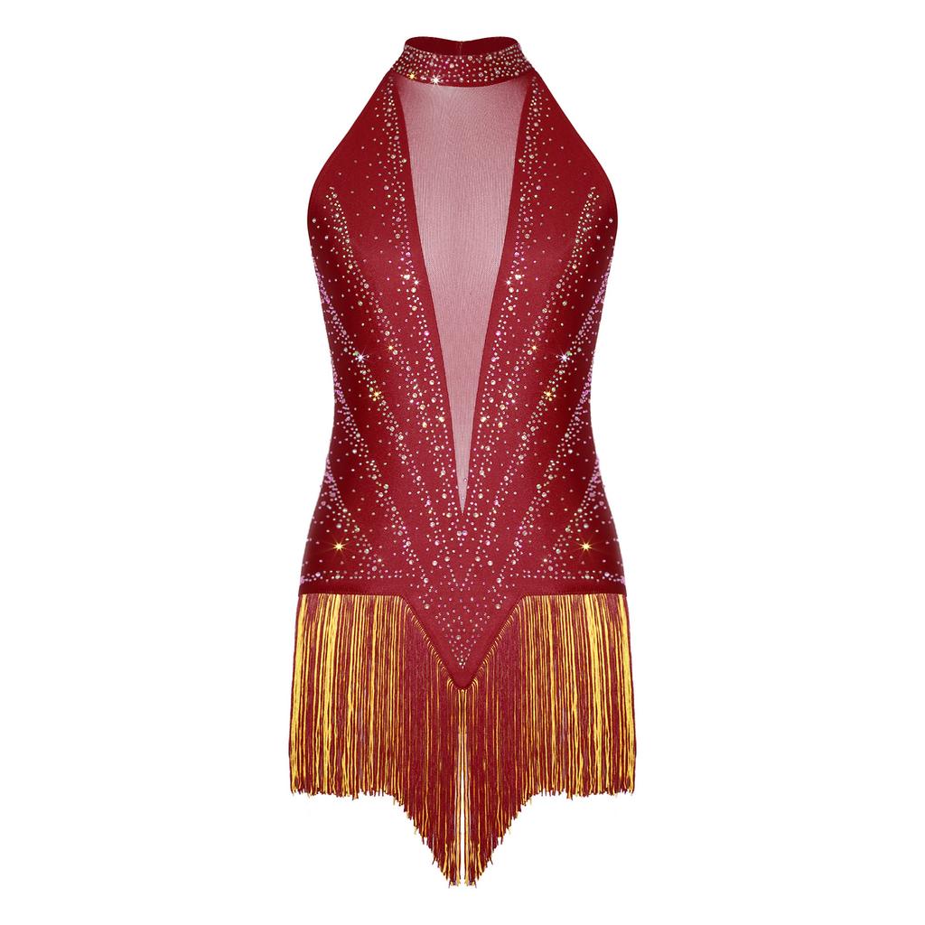 Womens Latin Dance Leotard Sleeveless Sheer Mesh Patchwork Shiny Rhinestones Fringed Design Performance Costume