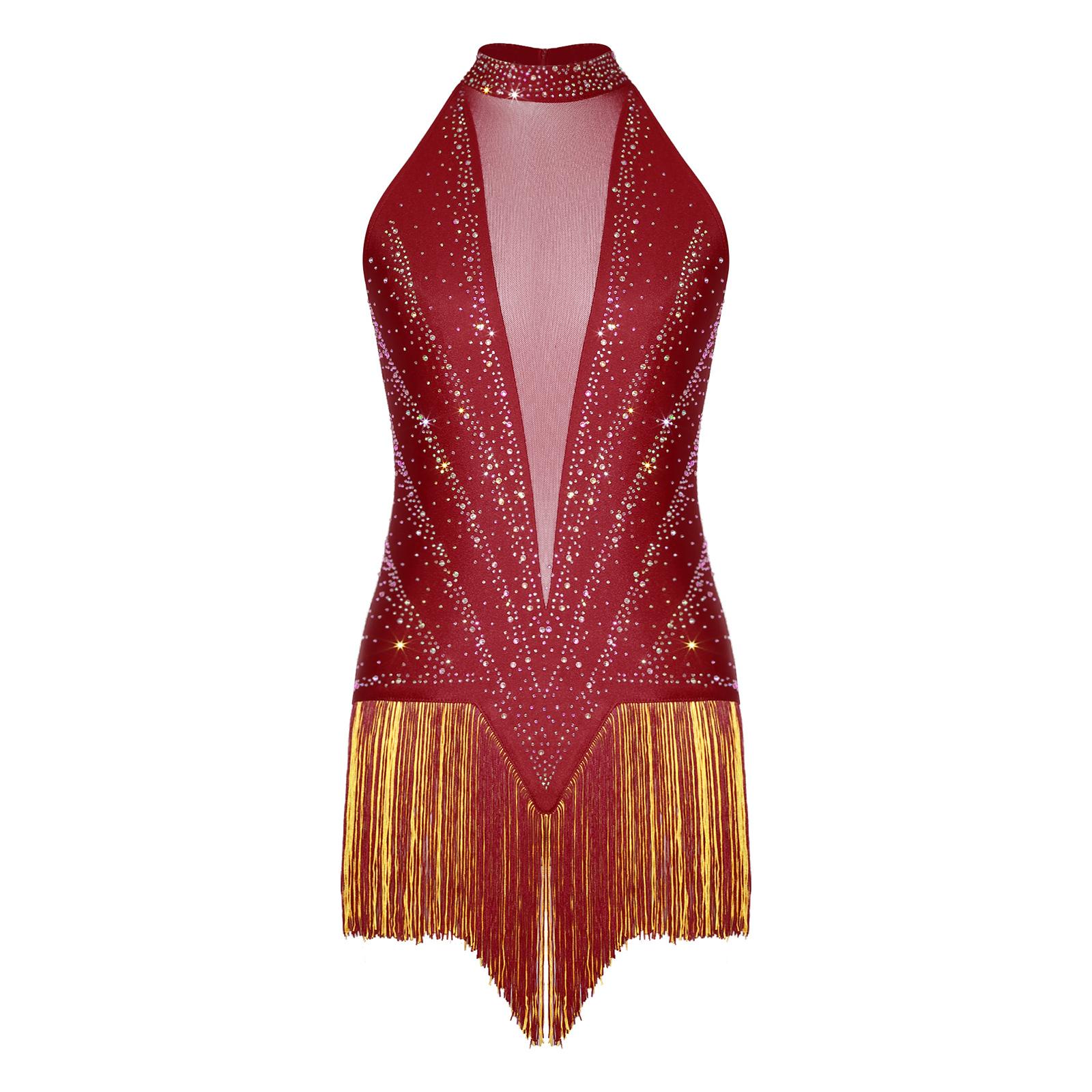 

Жіночий латиноамериканський купальник без рукавів з прозорою сітчастою вставкою, нашивкою з блискучих стразів та бахромою, костюм для виступів S бордовий