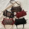 Women's Splicing Leopard Pattern Retro Bow Crossbody Bag New Trendy Fashion PU Leather Single Shoulder Underarm Small Square Bag