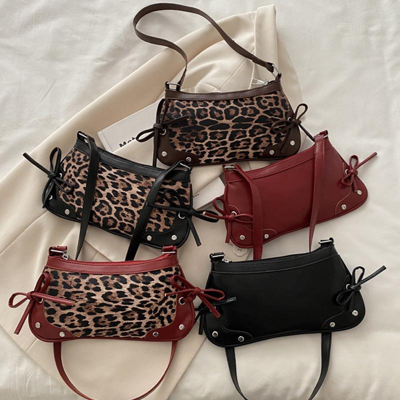 Women's Splicing Leopard Pattern Retro Bow Crossbody Bag New Trendy Fashion PU Leather Single Shoulder Underarm Small Square Bag