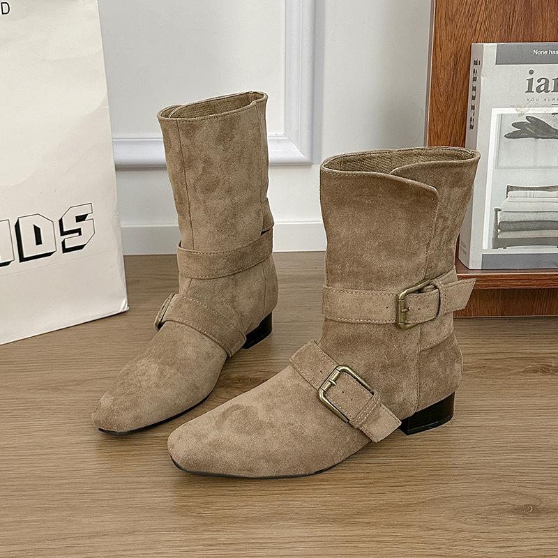Retro thick heel belt buckle pointed short boots autumn and winter 2025 new temperament short boots western boots knight boots women