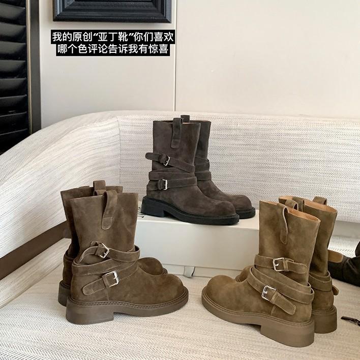 [Suding Home] Soft Aden Boots~ Retro Suede Belt Buckle Thick-soled Martin Pile Short Boots Women's Western Boots