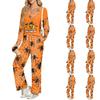 Women's Casual V-Neck Long Sleeve Pajama Set with Halloween Print and Pockets