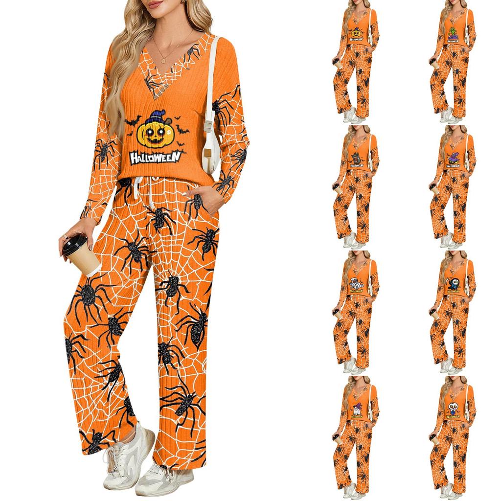 Women's Casual V-Neck Long Sleeve Pajama Set with Halloween Print and Pockets