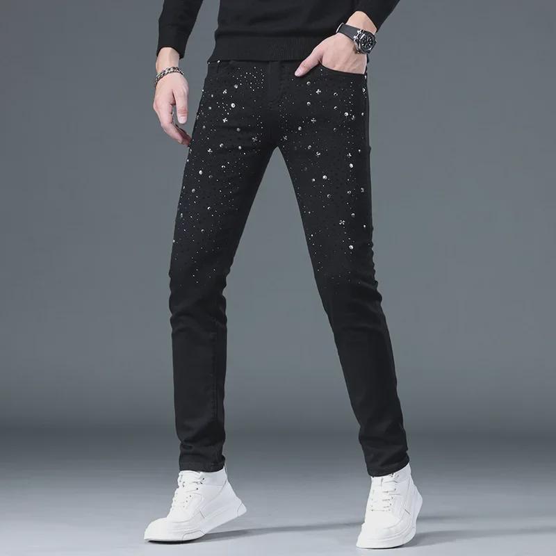 Men's Trendy High-End Black Slim-Fit Diamond Jeans - Stretch Casual Spring & Summer Style