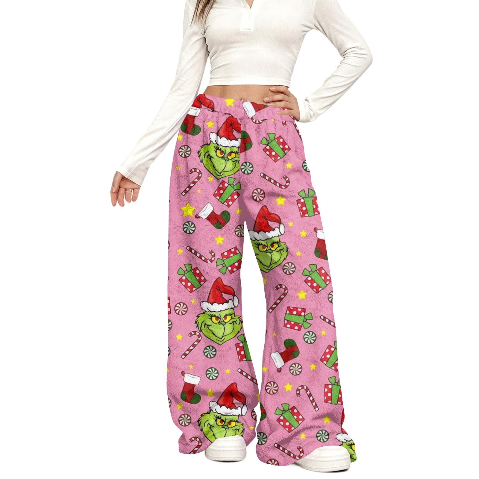 

Женские повседневные модные брюки с рождественским принтом, эластичной талией, свободные, плюшевые, с широкими штанинами L розовый
