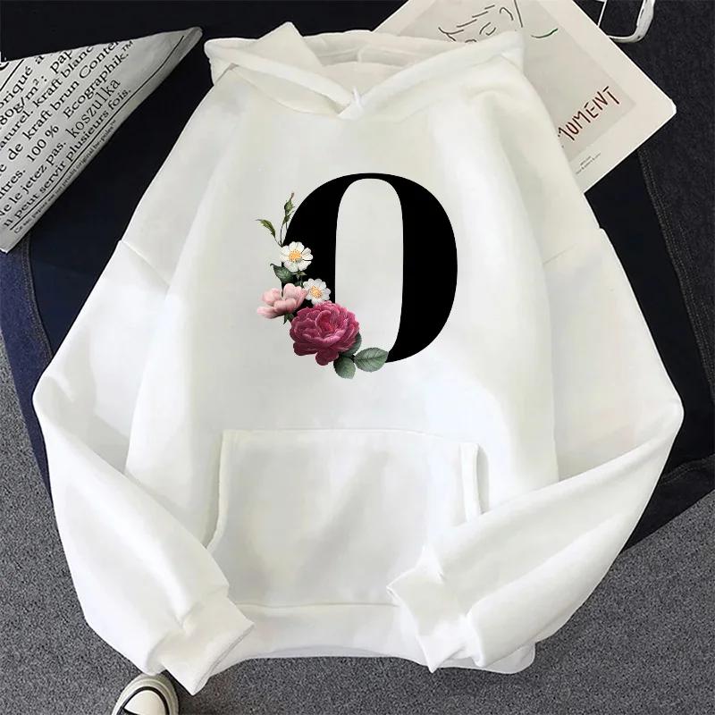 Letter A-Z Printed Womens Hoodies Casual Sweatshirts Sportswear Outdoors Sports Jogging Woman Clothing White Fashion Street Tops
