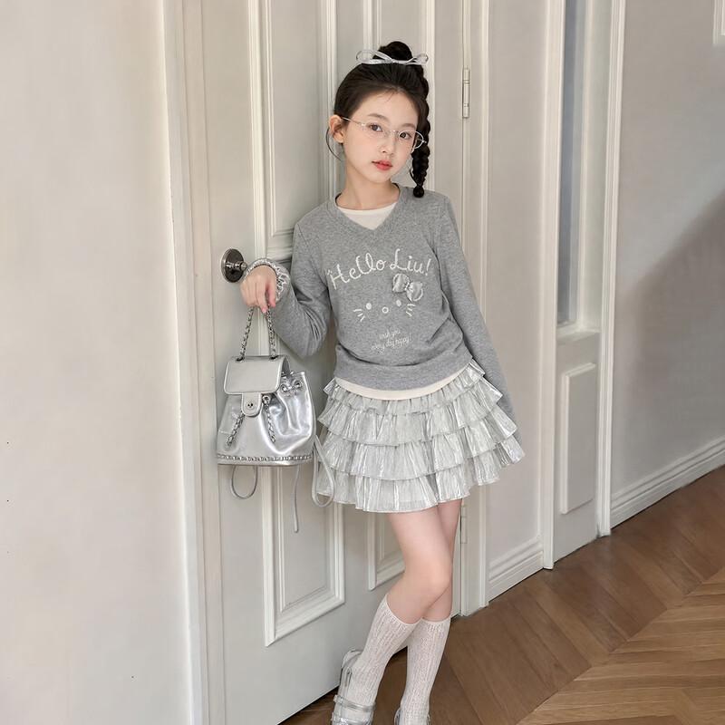 Girls' Faux Two-Piece V-Neck Long-Sleeve T-Shirt