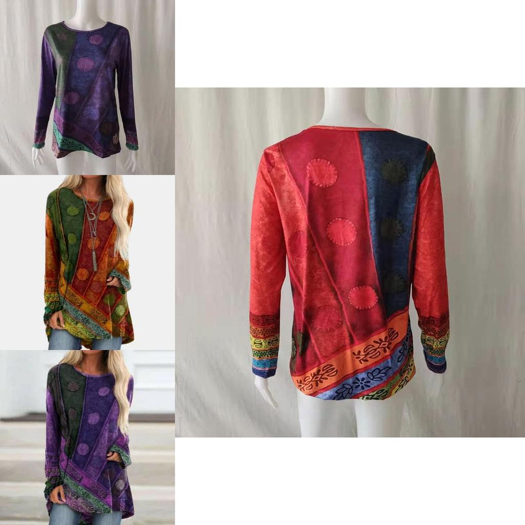 Dámské Hippie Boho Topy s Dlouhým Rukávem ve Velkých Velikostech z Měkkého Materiálu s Květinovým Vzorem