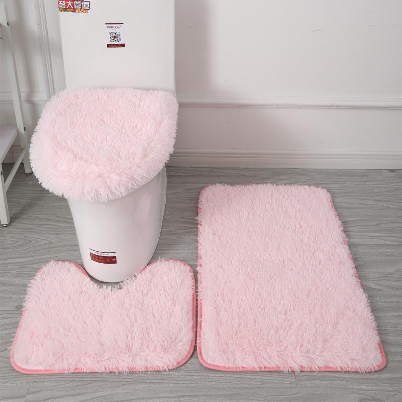Inyahome 3pcs/set Plush Bathroom Bath Mats Set Anti Slip Toilet Rug and Toilet Lid Cover Soft Fluff Shower Carpet Floor Bath Mat