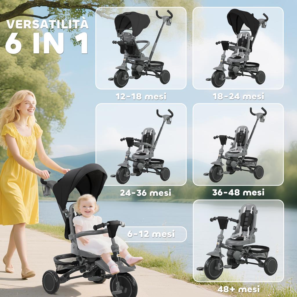 6-in-1 Children's Tricycle, Push Handle, Swivel Seat, 111.5x52x98 Cm, Black